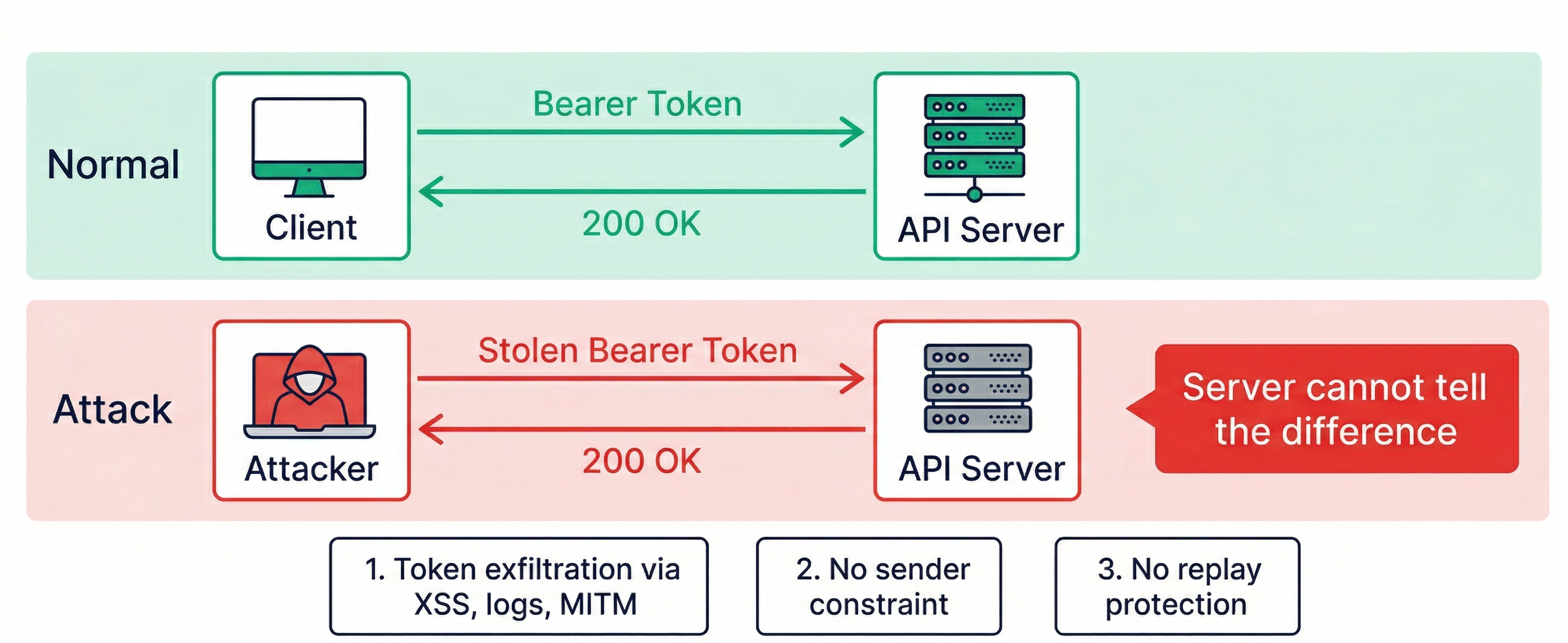 Diagram showing how a stolen bearer token grants an attacker full access because the API server cannot distinguish the legitimate client from the thief