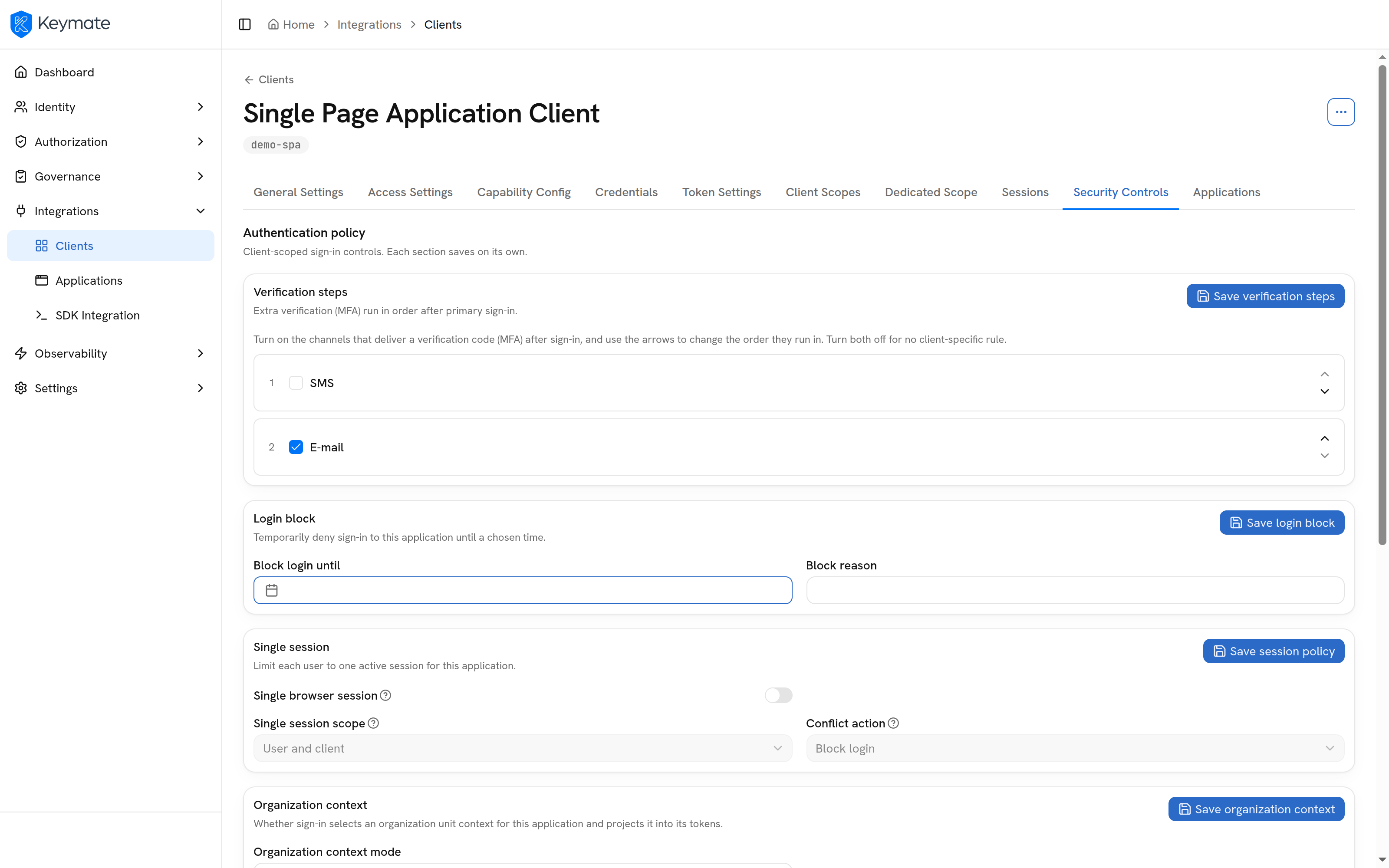 Client security controls in the Keymate admin console, with a one-time code step required after sign-in