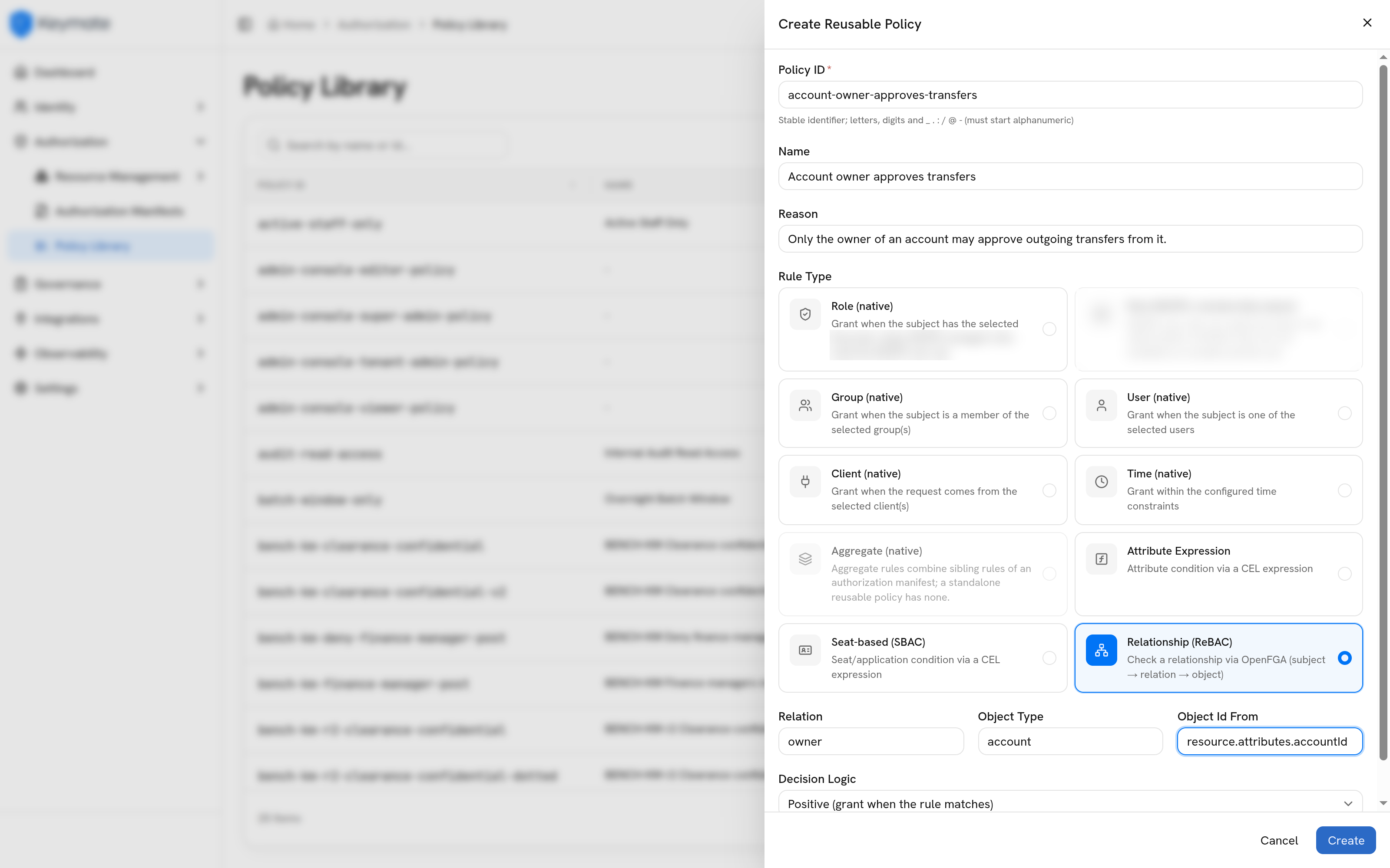 Policy editor in the Keymate admin console, showing a relationship-based policy
