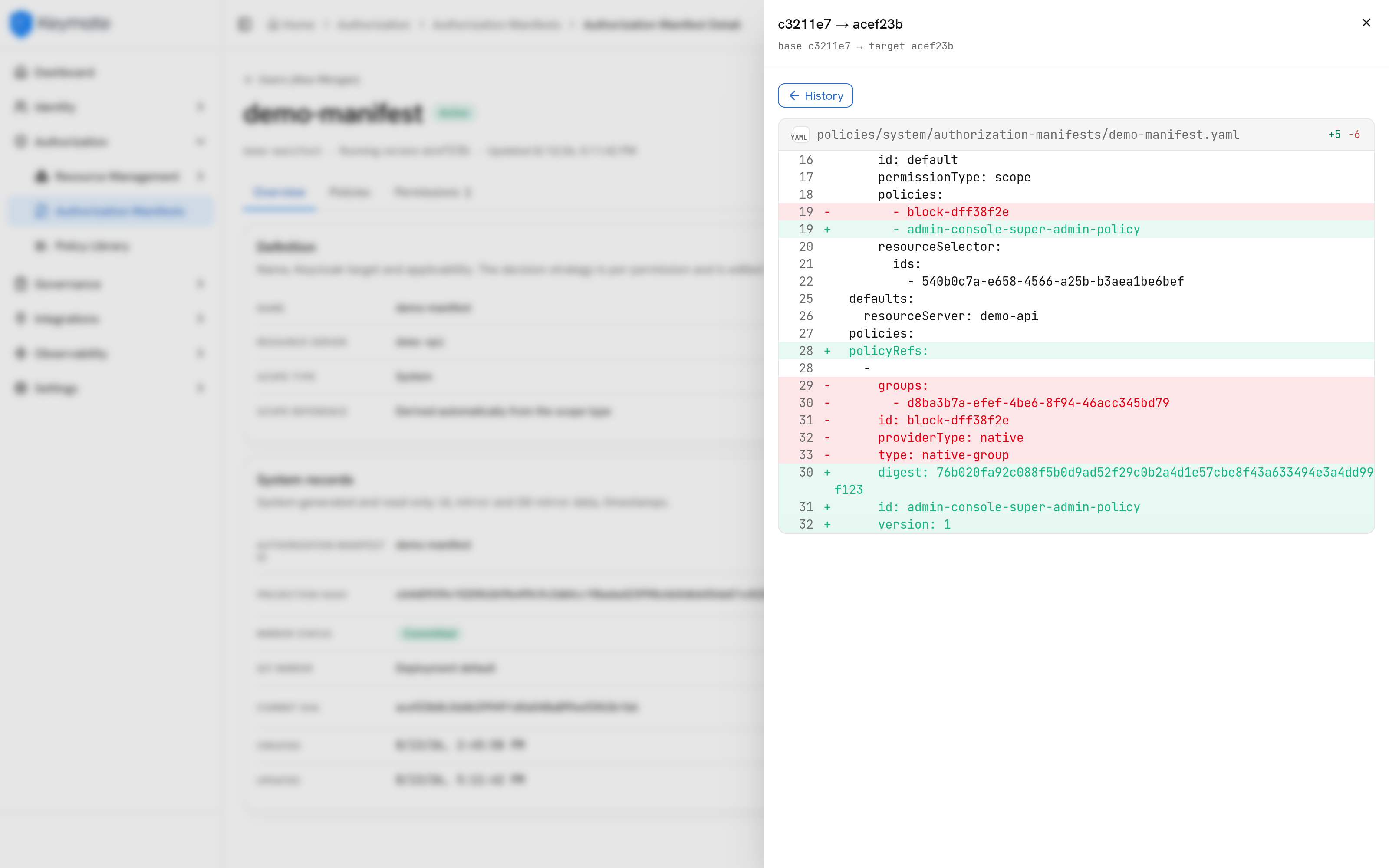 Version history of an authorization manifest in the Keymate admin console, with the difference between two versions